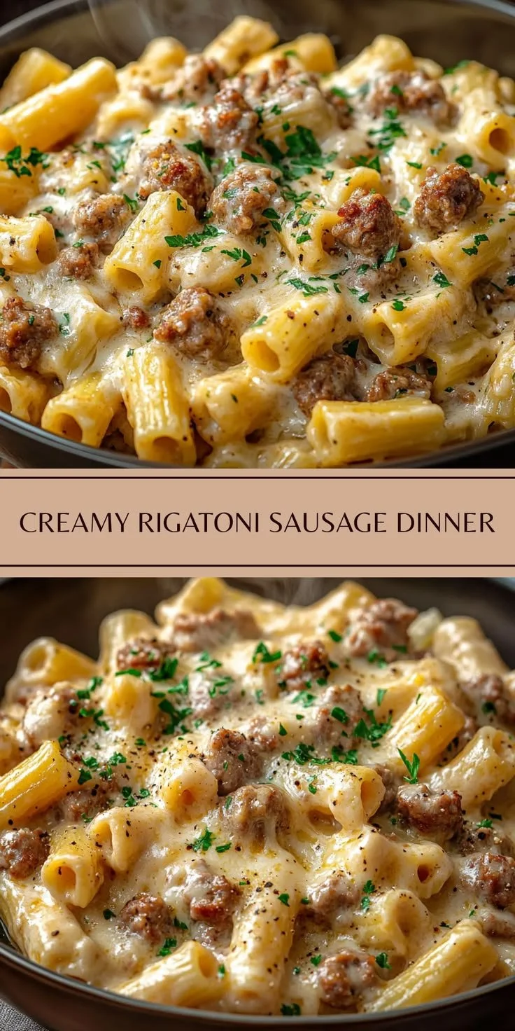 Creamy rigatoni dish with Italian sausage garnished with herbs