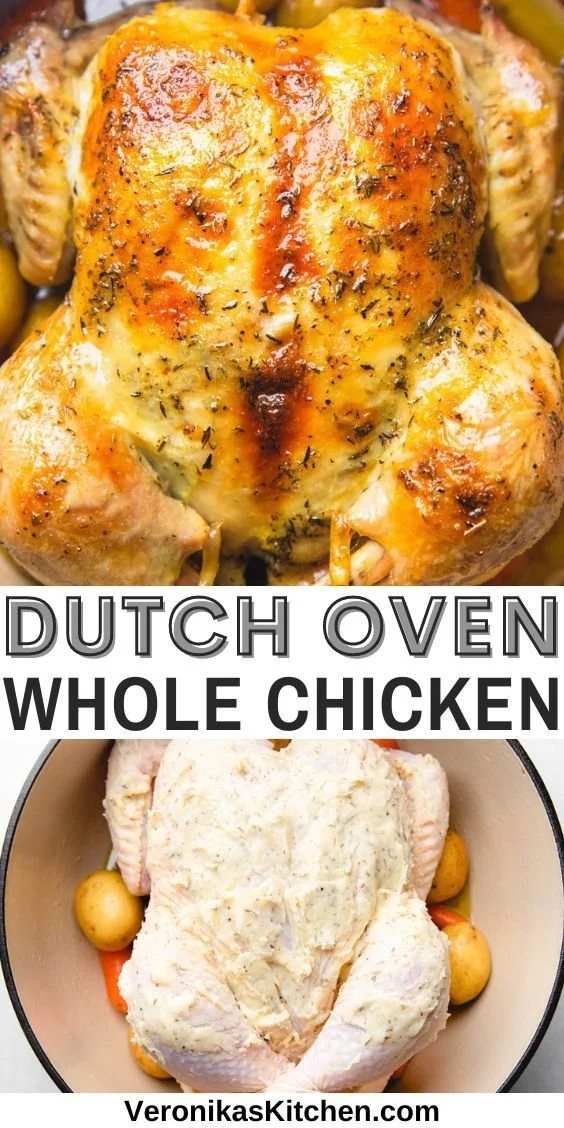 Succulent Dutch Oven Whole Chicken with herbs and vegetables