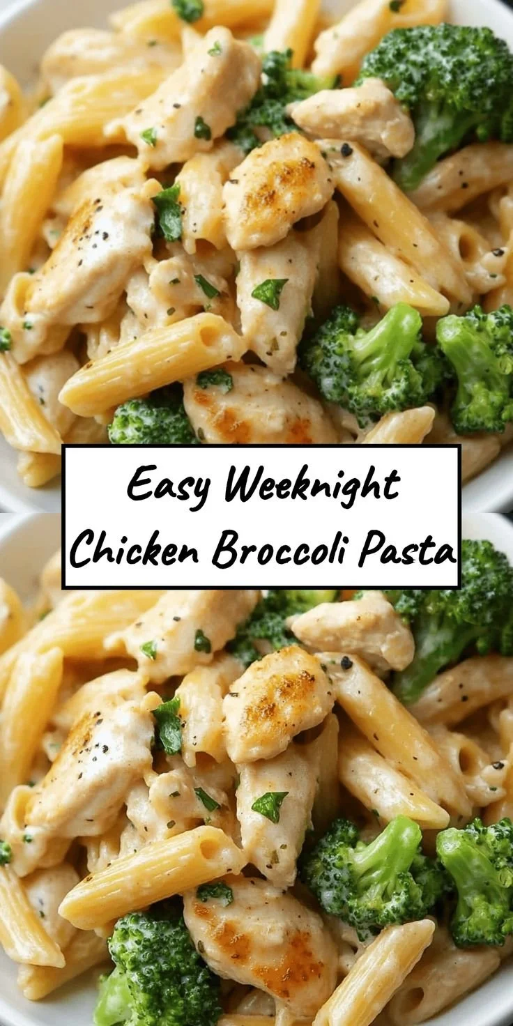 Easy chicken broccoli pasta dish served in a bowl on a wooden table