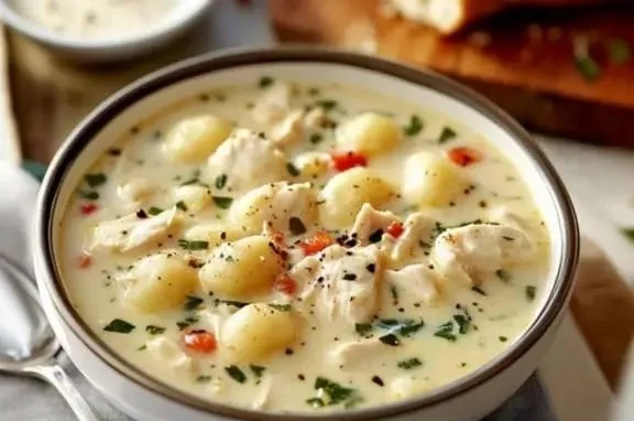 Bowl of easy chicken gnocchi soup inspired by Olive Garden recipe