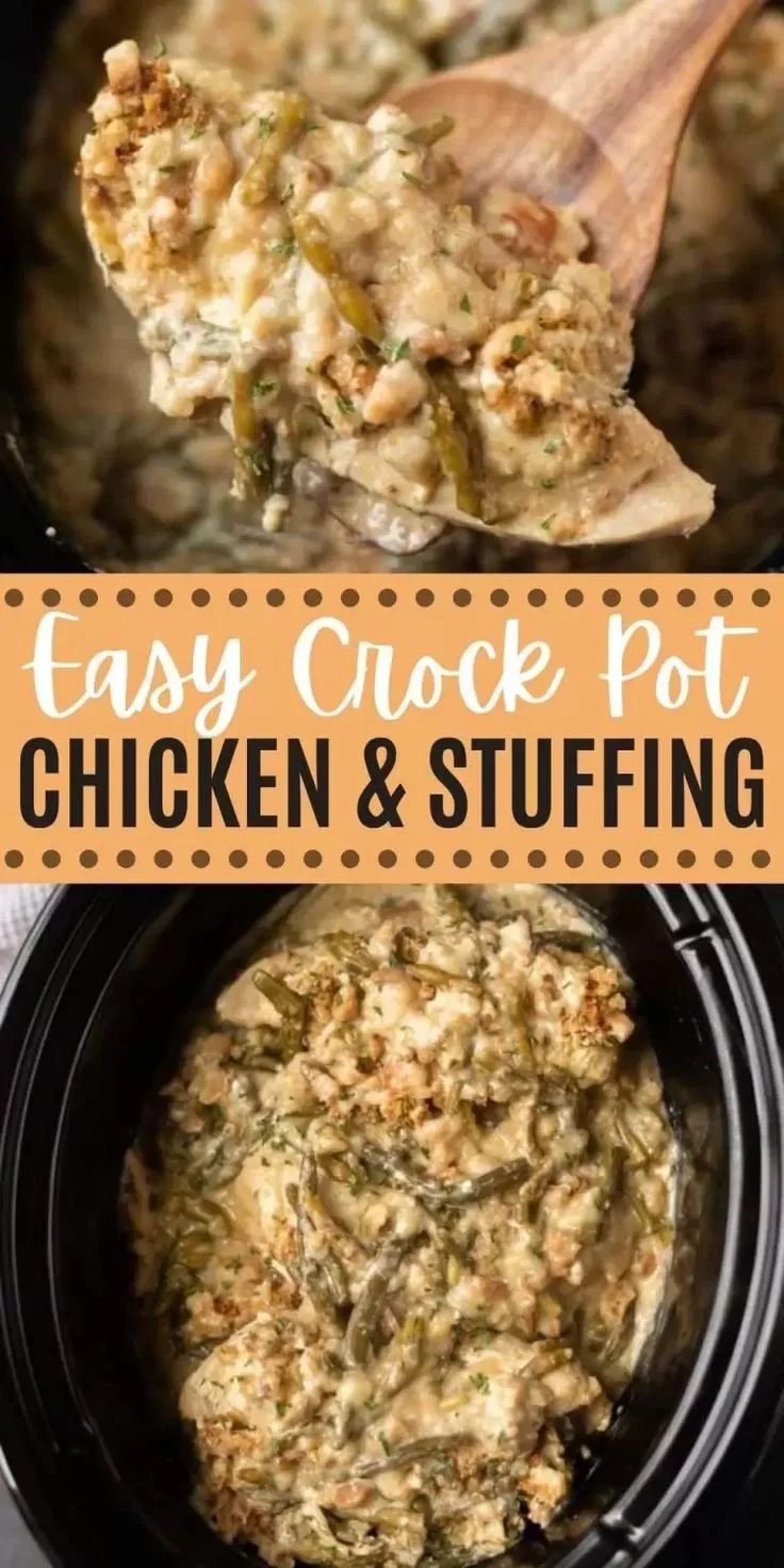 Easy Crock Pot chicken and stuffing dish ready to serve