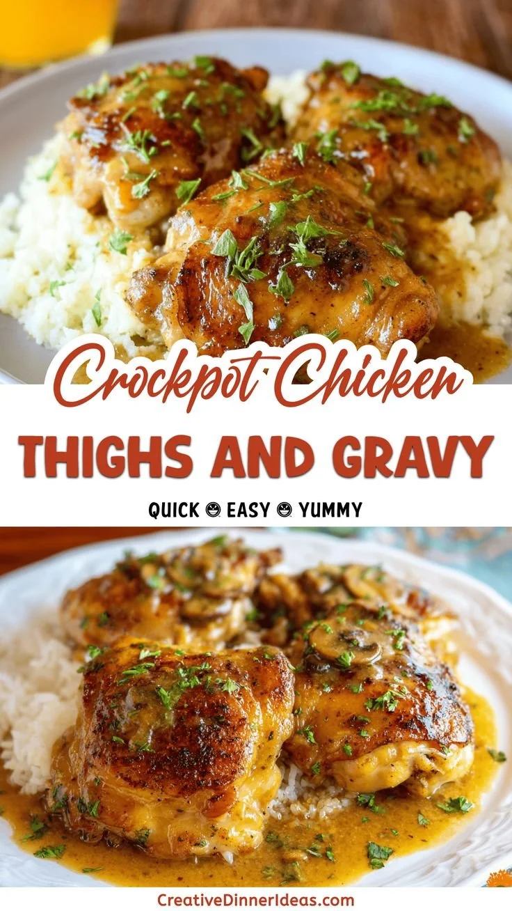Easy recipe for crockpot chicken thighs with creamy gravy served in a bowl.