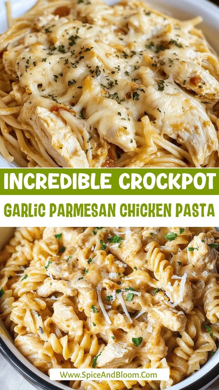 Delicious bowl of easy Crockpot garlic parmesan chicken pasta