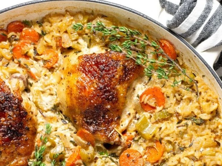 Delicious one pan chicken and rice casserole served in a dish