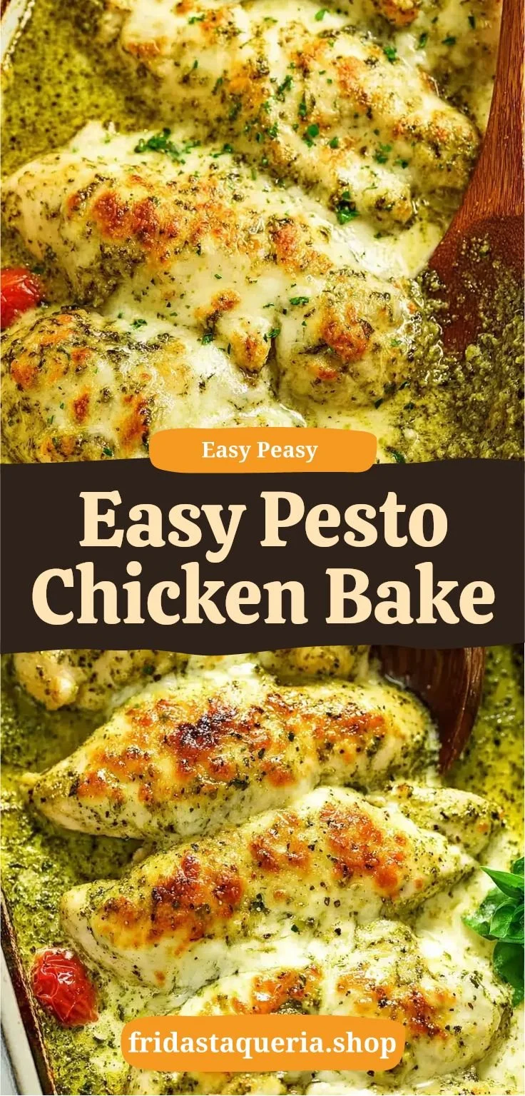 Easy pesto chicken bake dish garnished with fresh basil and tomatoes