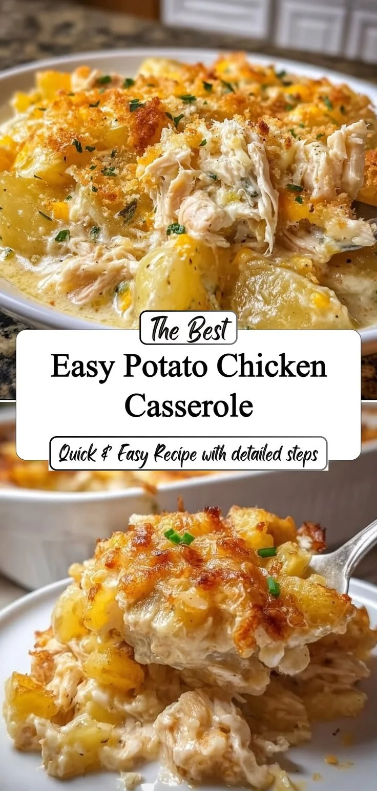 Delicious potato chicken casserole topped with cheese and herbs.