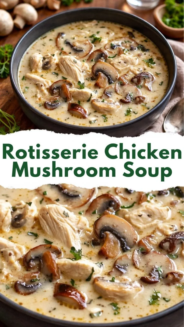 Bowl of easy rotisserie chicken mushroom soup topped with herbs