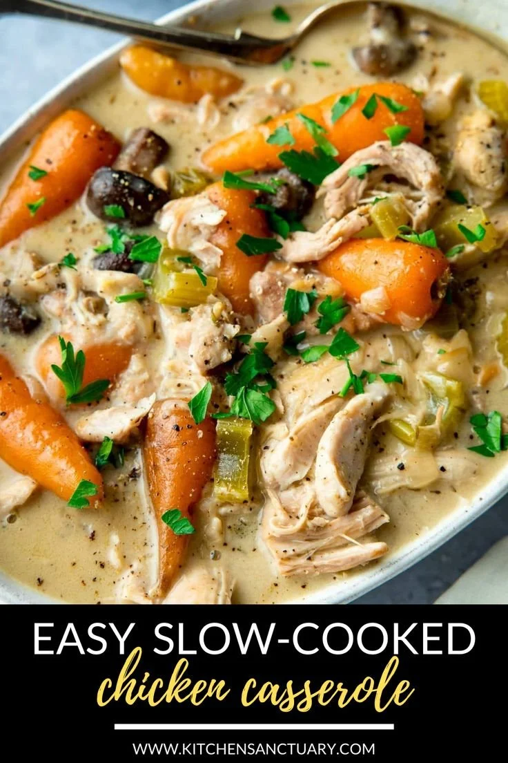 Delicious slow-cooked chicken casserole garnished with herbs