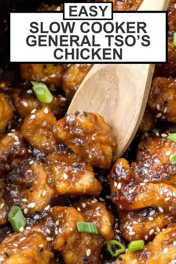 Delicious slow cooker General Tso's Chicken served with rice and vegetables