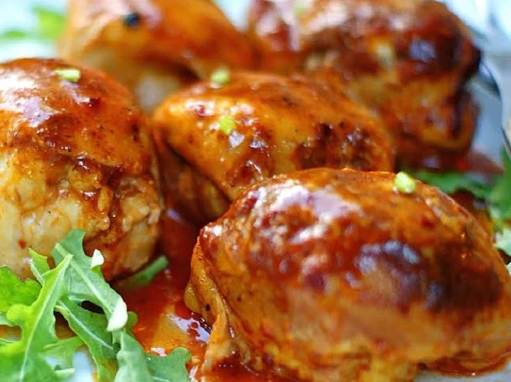 Delicious fall apart Crock Pot BBQ chicken thighs ready to serve