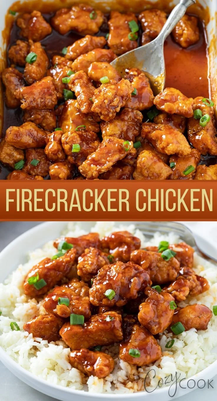 Delicious plate of Firecracker Chicken garnished and ready to serve.