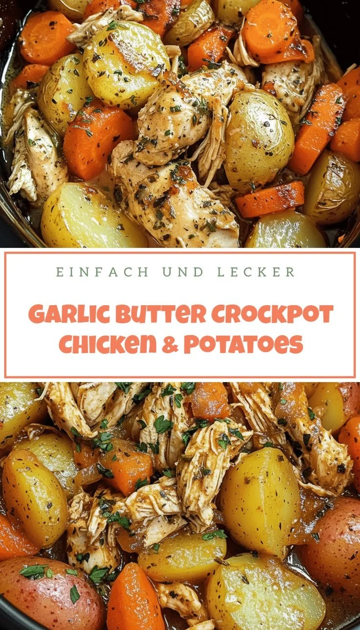 Garlic Butter Crockpot Chicken with Potatoes and Carrots served on a plate