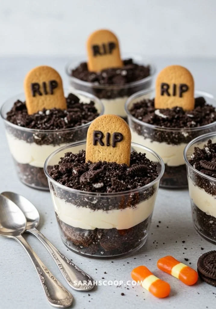 Graveyard Pudding Cups decorated for Halloween with gummy worms and cookie crumbles