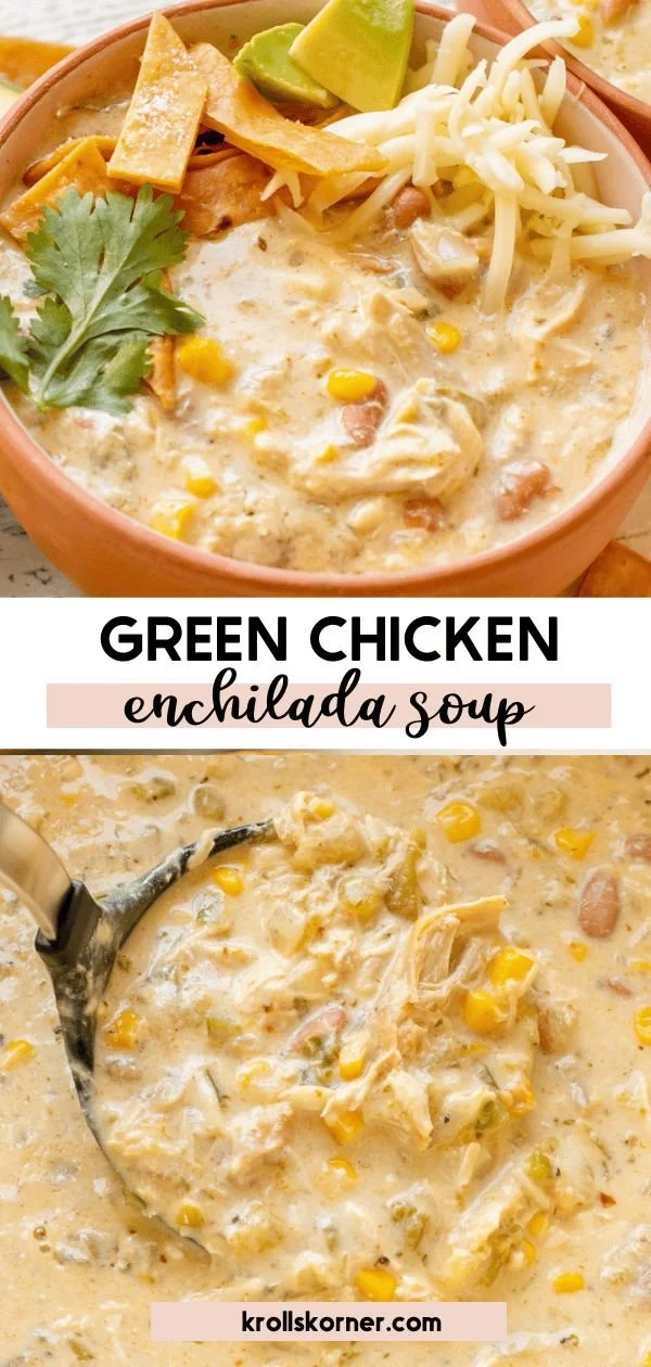 Bowl of green chicken enchilada soup garnished with cilantro and lime wedges