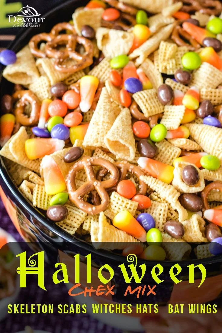 Spooky Halloween Chex Mix with edible skeleton scabs for a festive snack