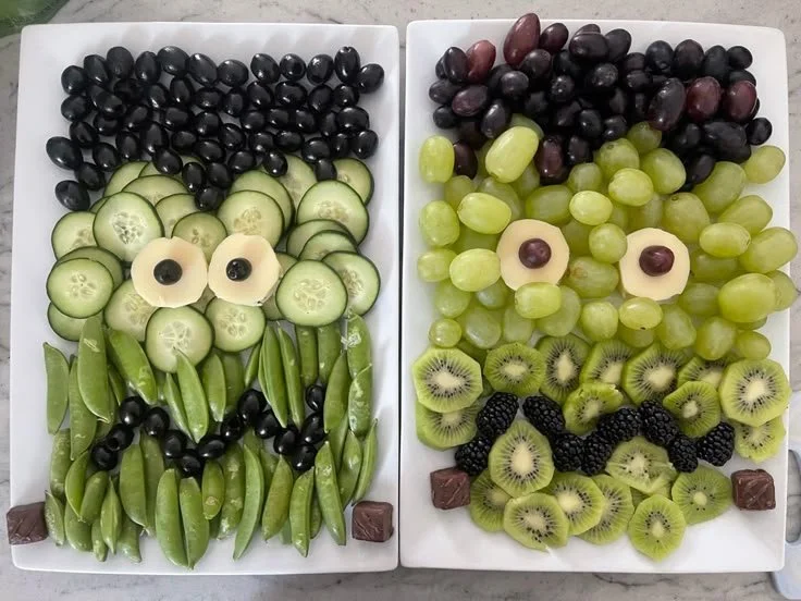 Halloween Frankenstein's Monster fruit and veggie trays for spooky parties