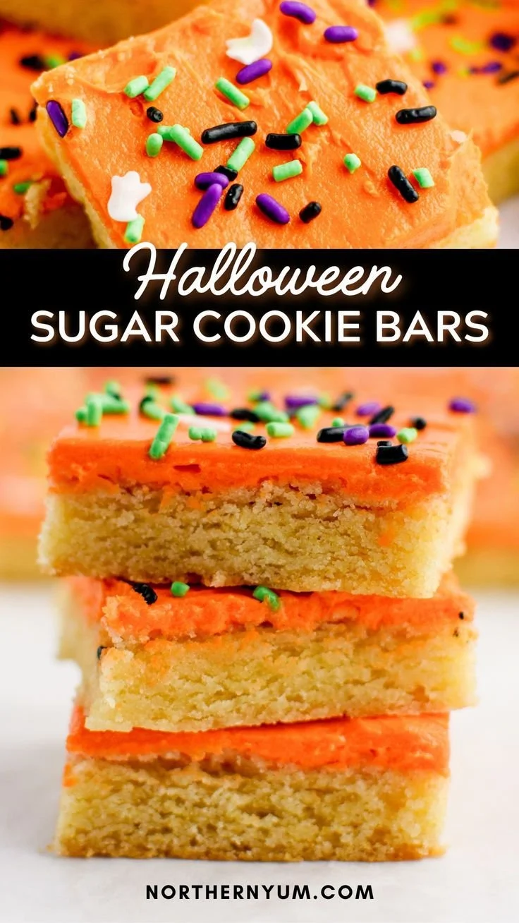 Decorated Halloween sugar cookie bars with pumpkins and ghosts