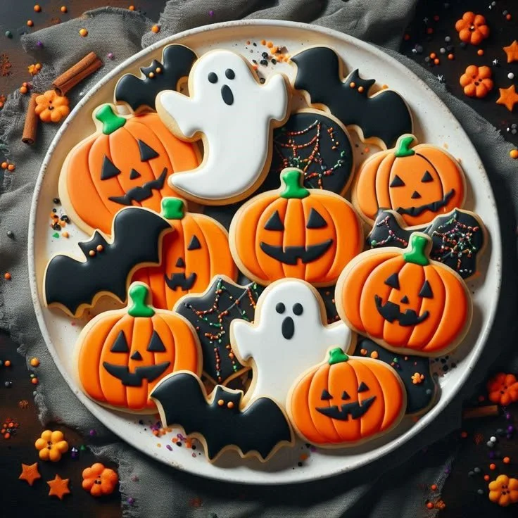 Delicious Halloween sugar cookies decorated with spooky designs.