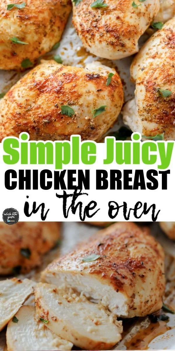 Delicious healthy baked chicken breasts on a plate garnished with herbs