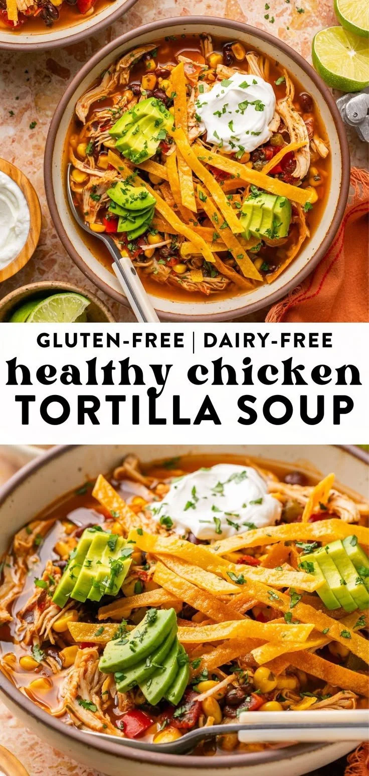Healthy slow cooker chicken tortilla soup garnished with tortilla strips and avocado