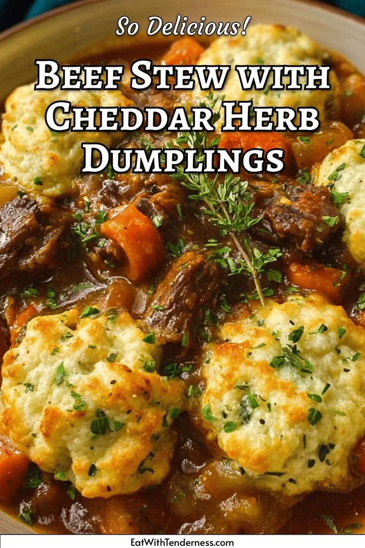 Hearty beef stew topped with cheddar herb dumplings in a rustic serving bowl