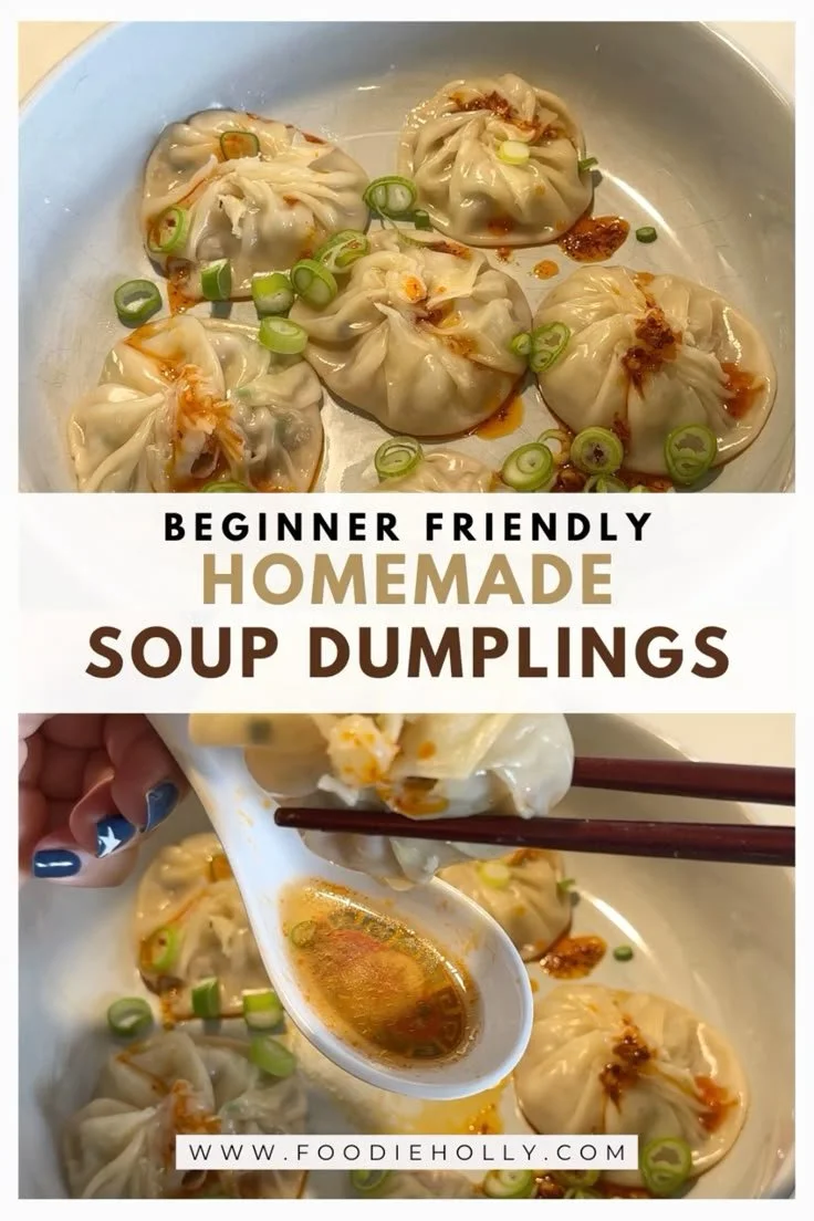 Homemade soup dumplings ready to be served in a steaming bamboo basket.