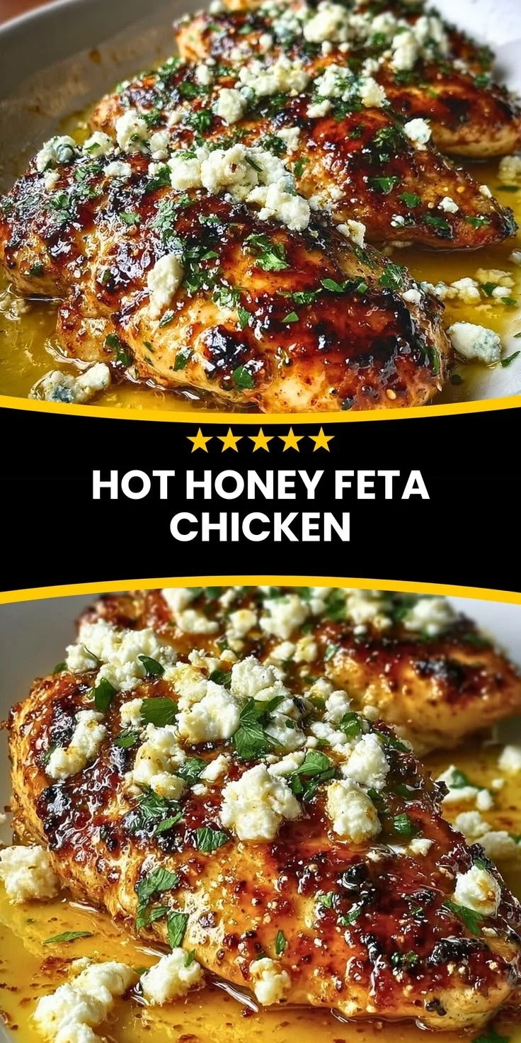 Delicious Hot Honey Feta Chicken drizzled with spicy honey and topped with feta cheese