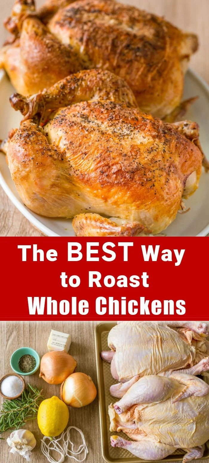 Two perfectly roasted whole chickens on a platter, golden brown and succulent.