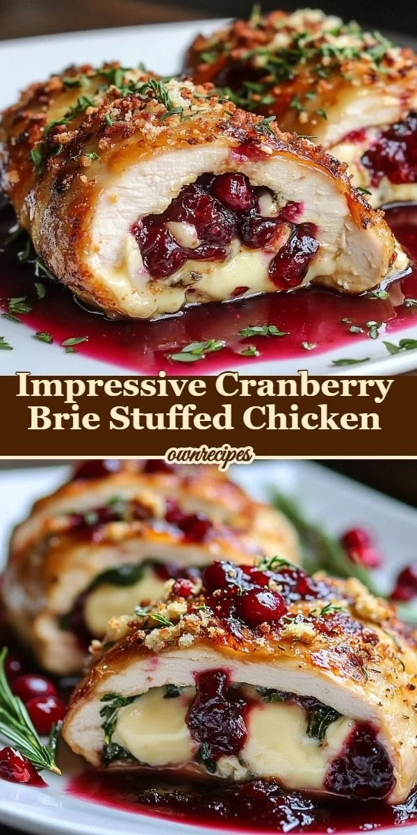 Cranberry brie stuffed chicken served with a side of vegetables.