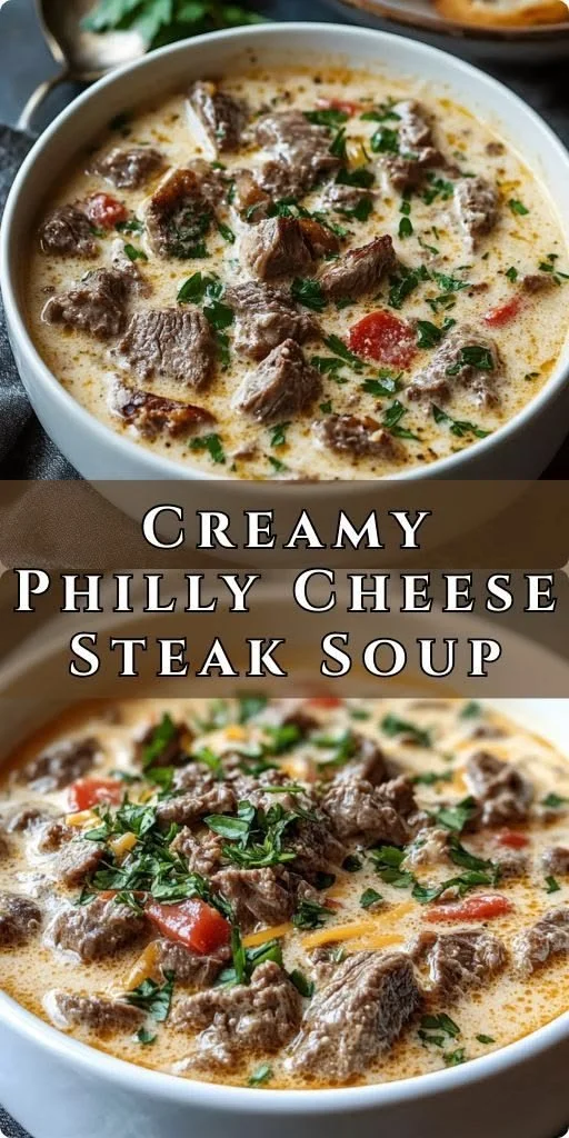 Indulgent creamy Philly cheesesteak soup topped with cheese and herbs in a bowl.