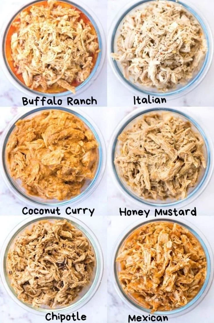 Instant Pot shredded chicken with 6 flavorful variations ready to serve