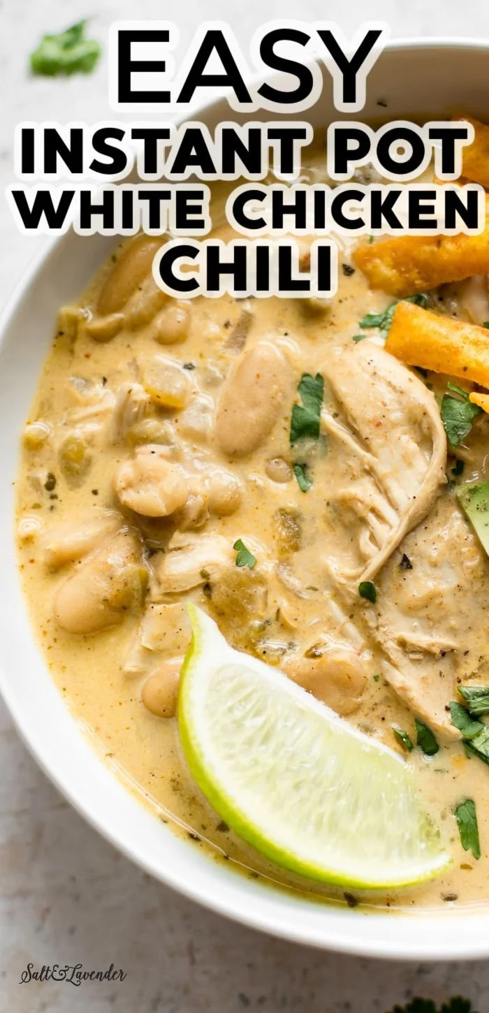 A bowl of creamy Instant Pot white chicken chili topped with cilantro.