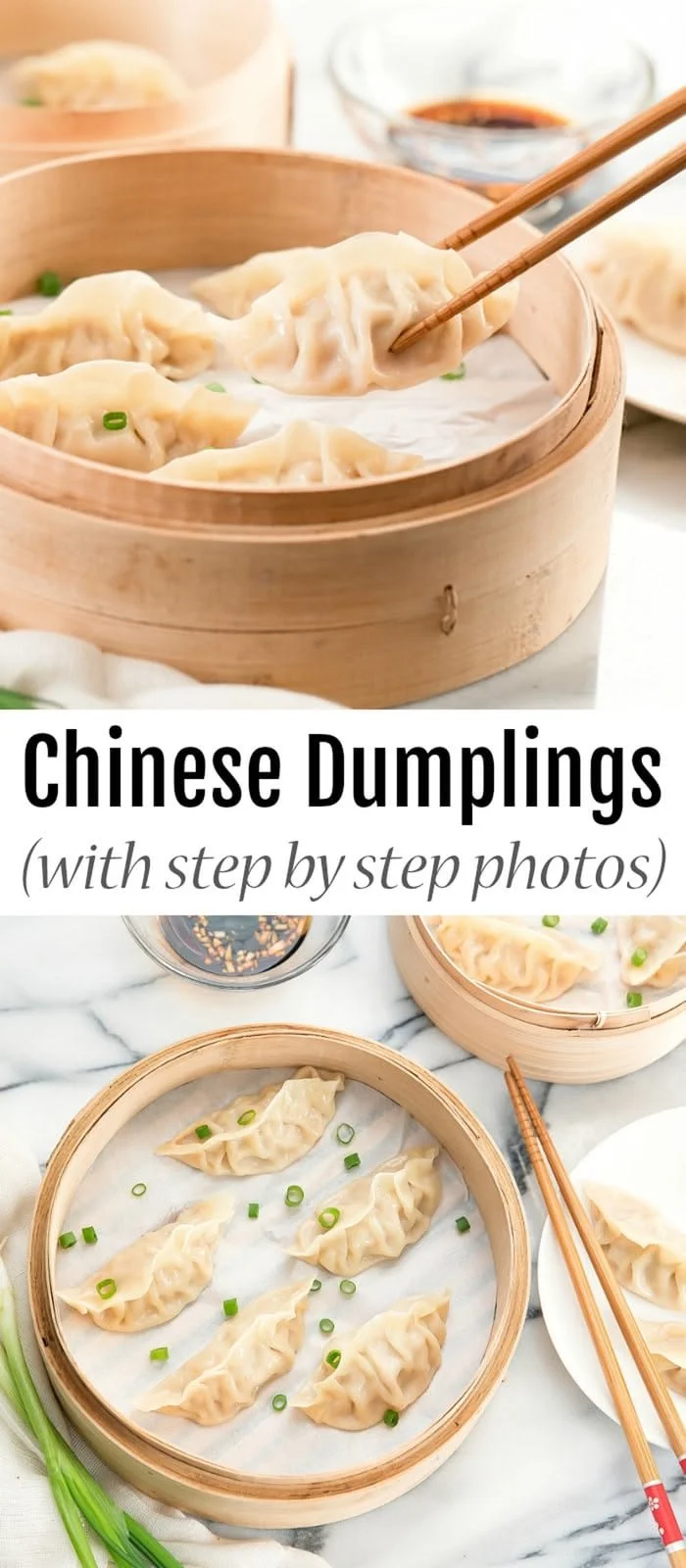 Plate of homemade Jiaozi Chinese dumplings with dipping sauce.