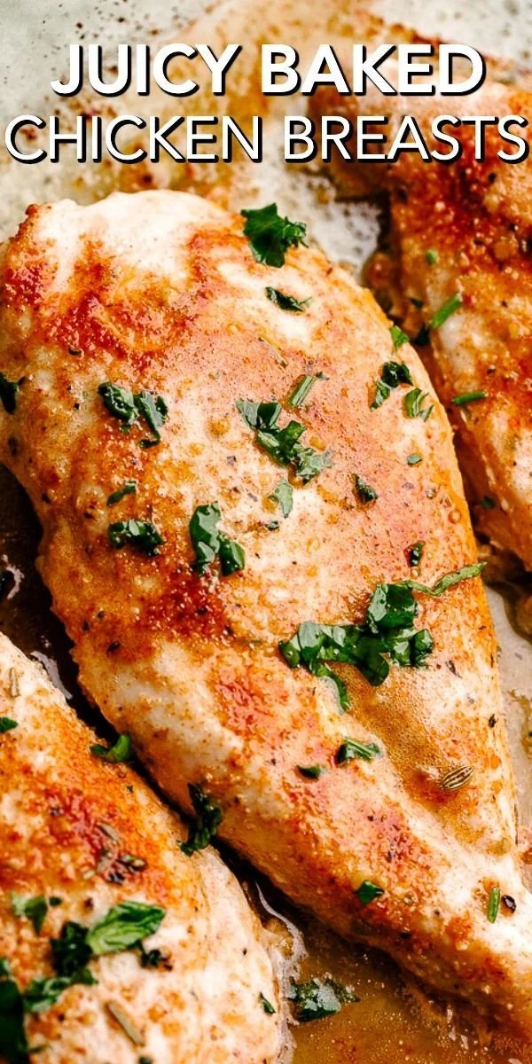 Juicy oven baked chicken breasts on a plate ready for dinner.