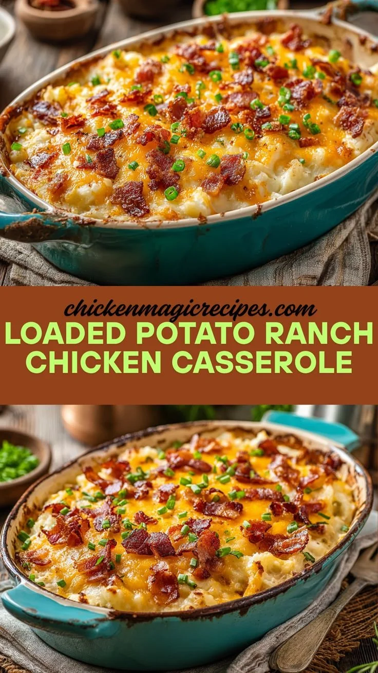 Loaded potato ranch chicken casserole served in a dish with toppings