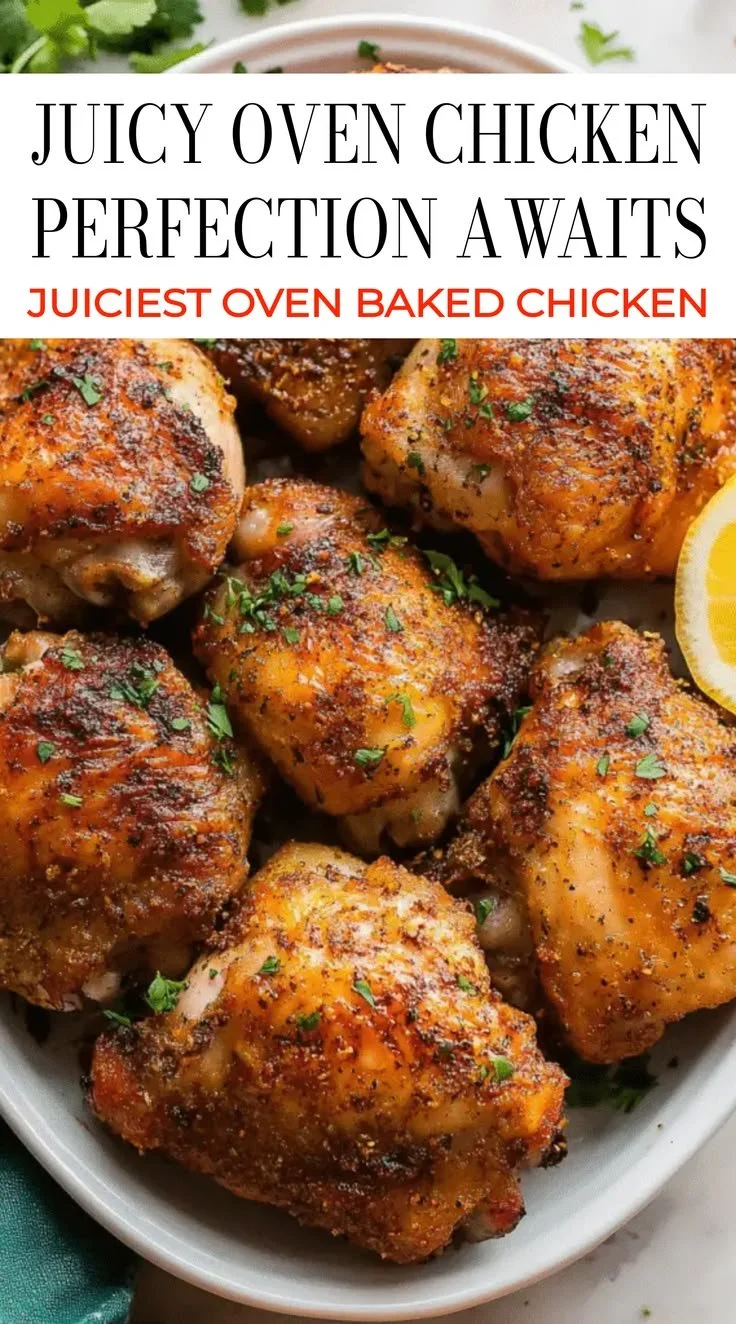 Oven baked chicken thighs seasoned and cooked to perfection on a baking tray.