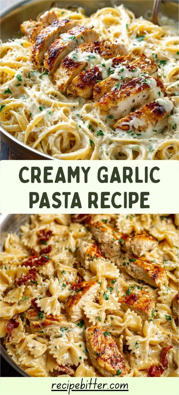 Creamy garlic parmesan chicken pasta topped with herbs and cheese
