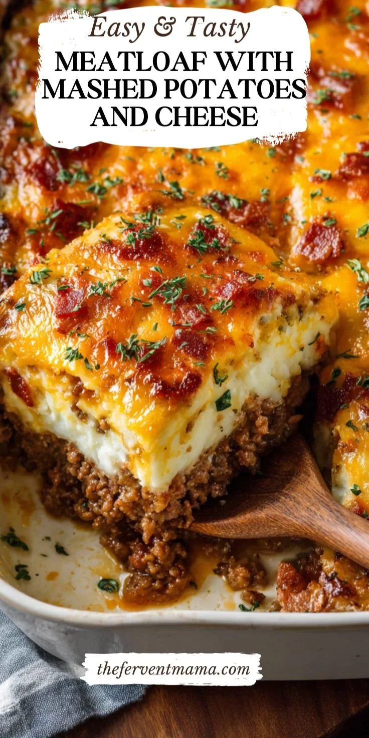 Delicious meatloaf paired with creamy mashed potatoes and cheese.