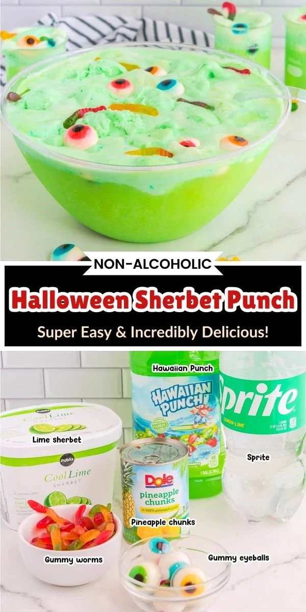 Non-Alcoholic Halloween Sherbet Punch in a festive bowl with spooky decorations