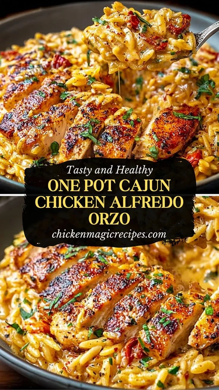 One Pot Cajun Chicken Alfredo Orzo prepared in 7 minutes for a quick meal.