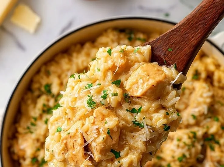 One-Pot Garlic Parmesan Chicken and Rice dish served on a table