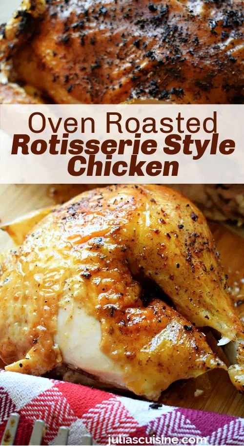 Oven roasted rotisserie style chicken on a serving platter