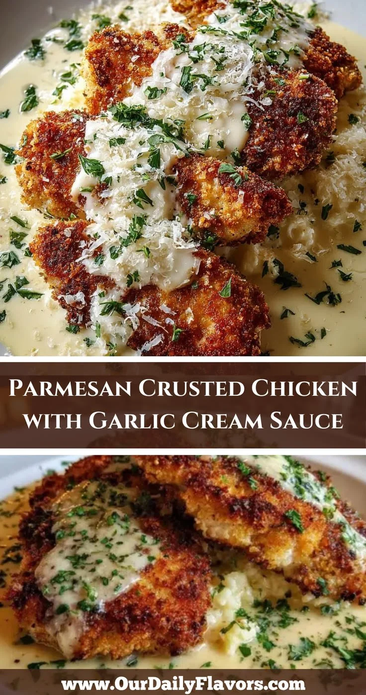 Parmesan Crusted Chicken served with a rich Garlic Cream Sauce