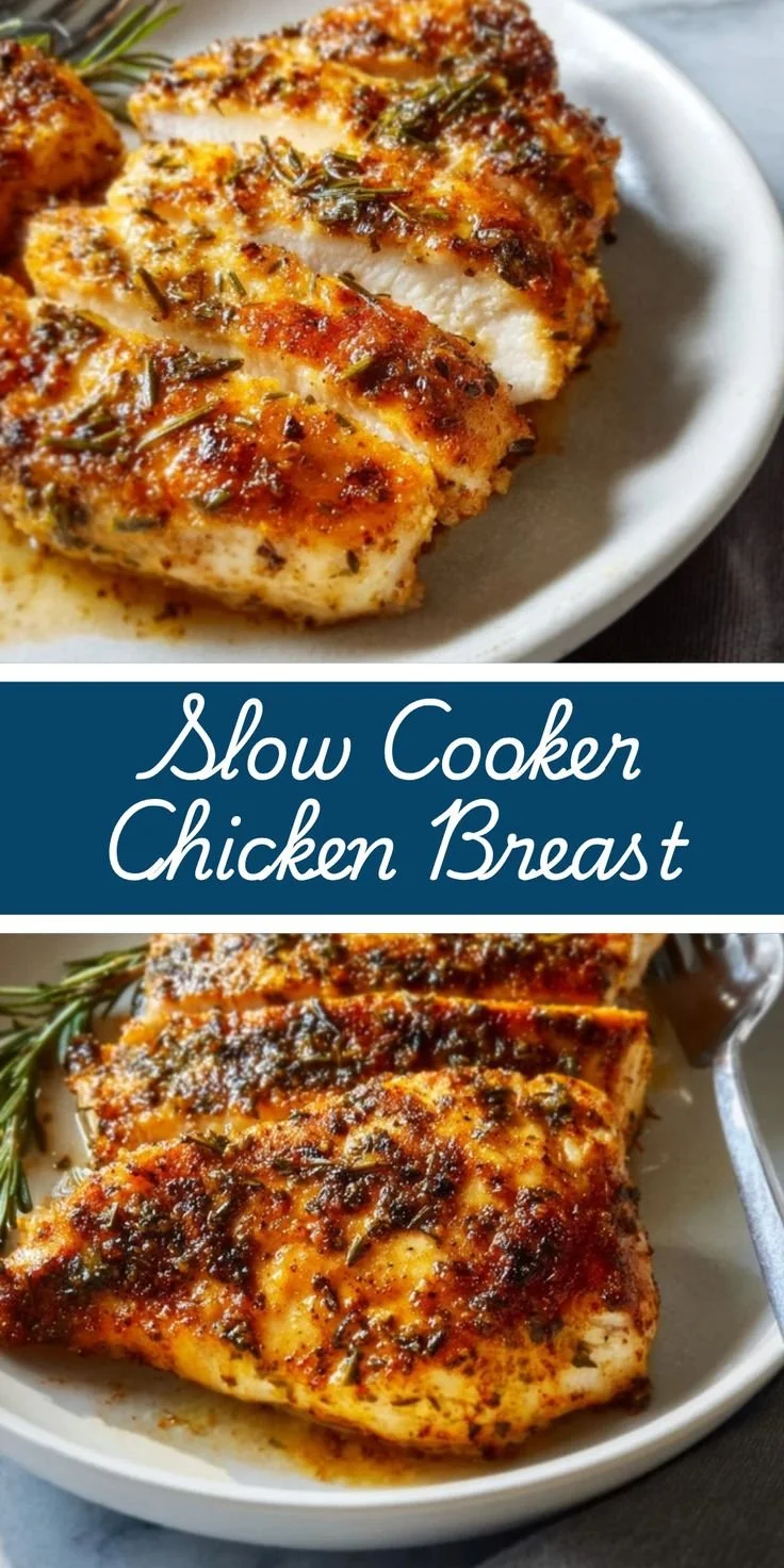 Herb-crusted slow cooker chicken breast drizzled with honey glaze