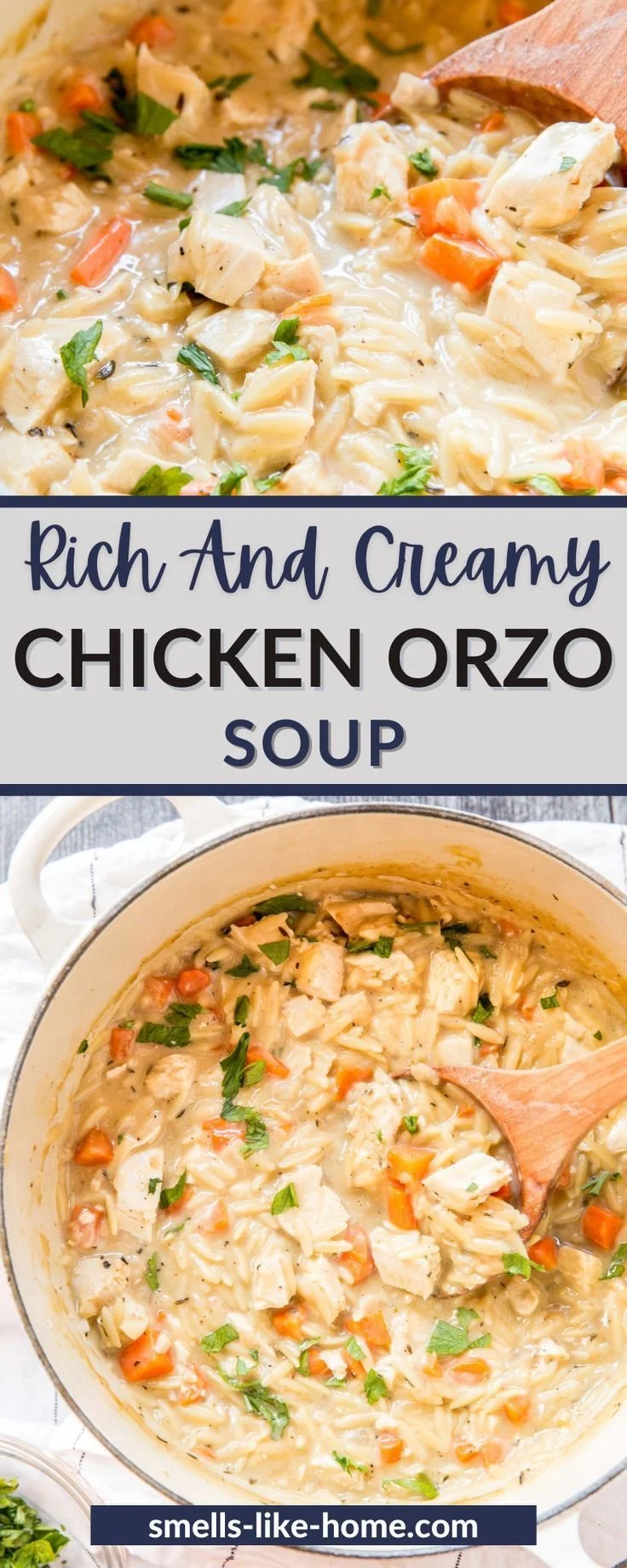 Bowl of rich and creamy chicken orzo soup garnished with herbs