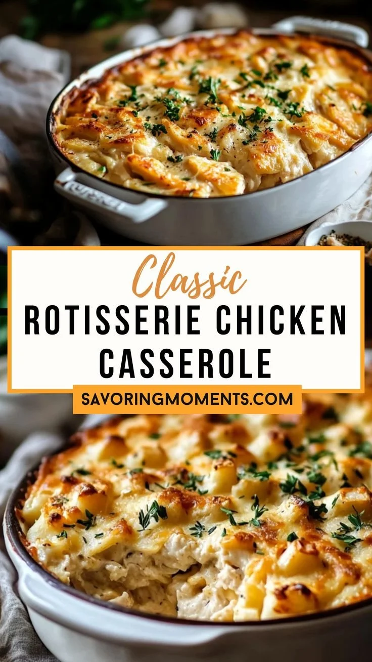 Delicious rotisserie chicken casserole topped with cheese and herbs