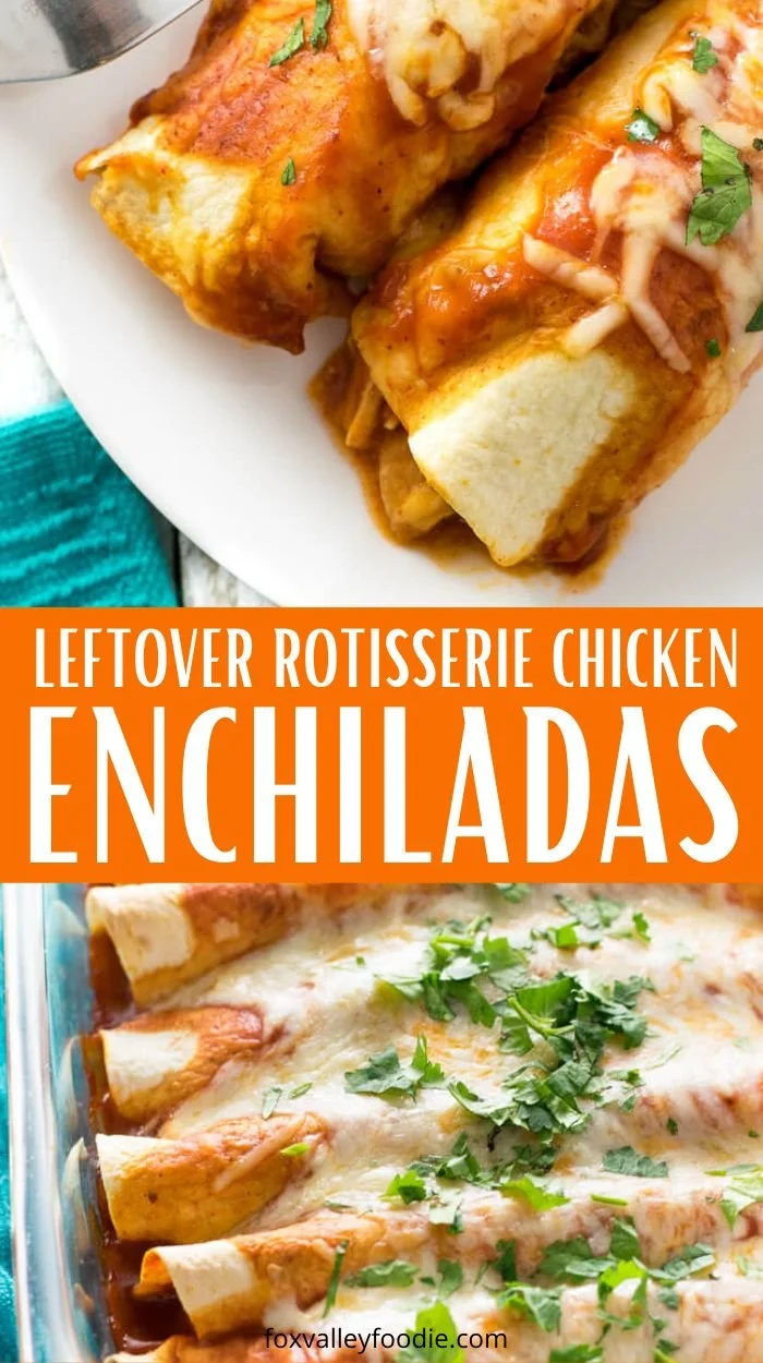Plate of rotisserie chicken enchiladas topped with cheese and salsa