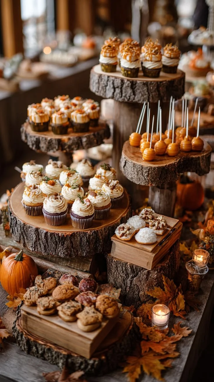 Rustic dessert display featuring autumn-themed treats for a baby shower