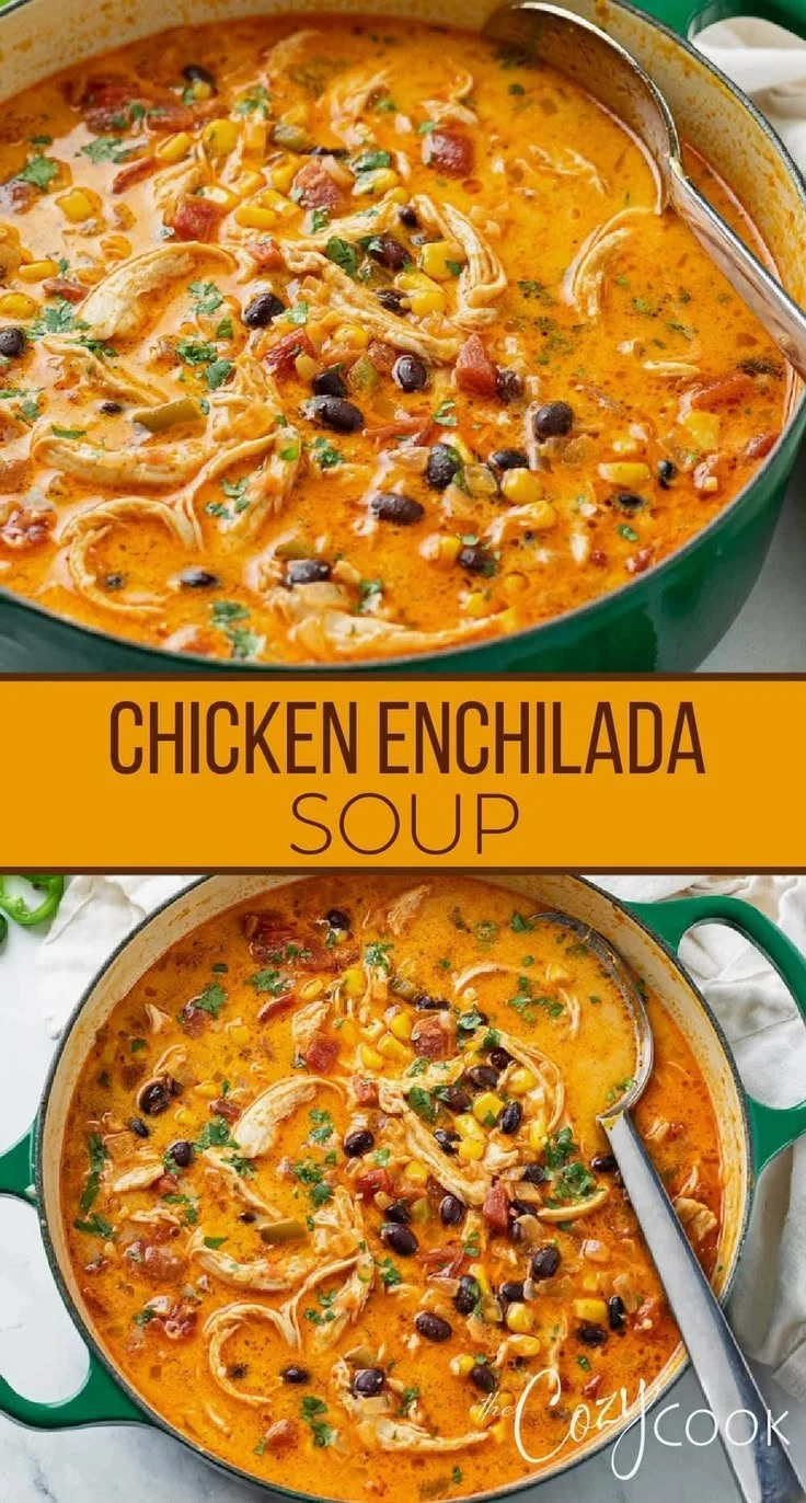 Bowl of savory chicken enchilada soup garnished with cilantro and lime.