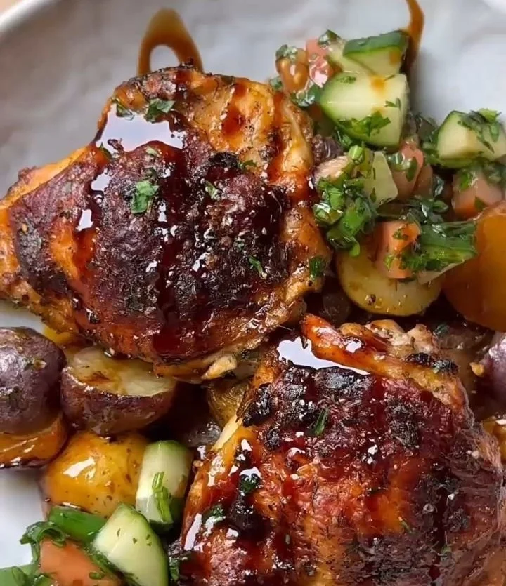 Delicious herb roasted chicken with a crispy potato medley on a plate